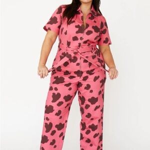 Rachel Antonoff Pink and Brown Cow-Print Utility Jumpsuit